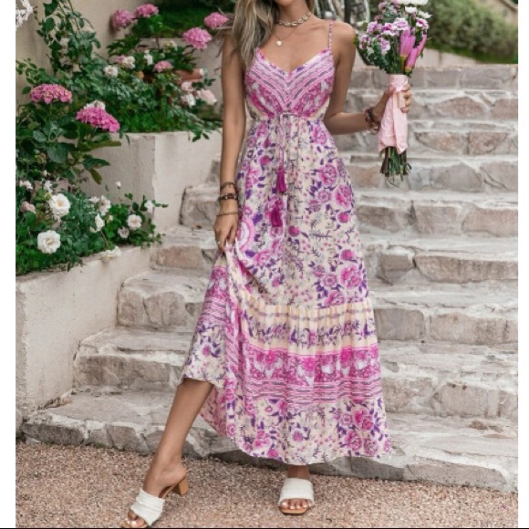 Boho floral print drawstring waist cami dress - Picture 5 of 16